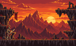 Uma batalha em pixel art num desfiladeiro ao pôr do sol: um cavaleiro de armadura avança e golpeia um dragão carmesim, que voa para trás, cospe fogo no escudo do cavaleiro e vai embora