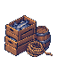 Caixas de peixe em pixel art ao lado de um barril e de um rolo de corda