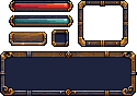Peças de HUD em pixel art de madeira e latão: uma barra de vida vermelha, uma barra de mana azul-esverdeada, um botão, um slot de inventário, uma moldura de minimapa e uma moldura de painel ornamentada