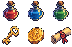 Seis ícones de itens em pixel art: poções vermelha, azul e verde, uma chave dourada, uma moeda de ouro e um pergaminho selado