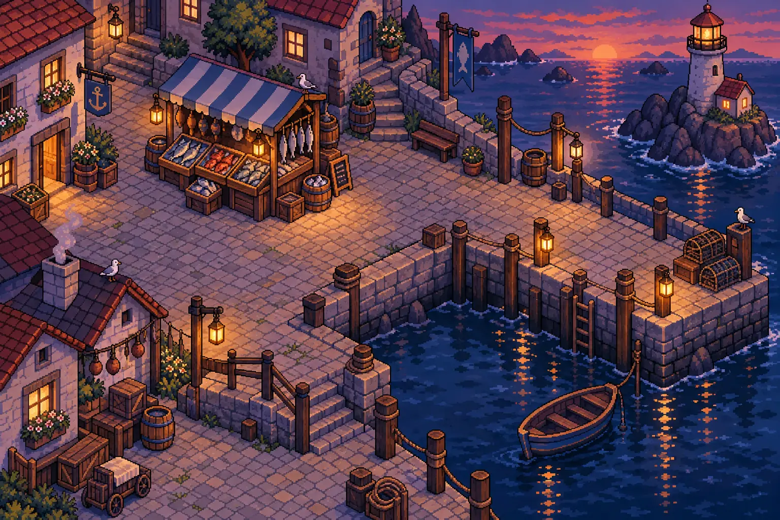 Um porto em pixel art ao entardecer: uma banca de peixe sob um toldo listrado, um píer de pedra com lanternas, um farol nas rochas e um barco a remo atracado