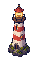 Um farol vermelho e branco em pixel art sobre uma rocha com musgo, com a lanterna acesa