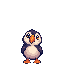 Um papagaio-do-mar em pixel art com o bico laranja, gingando ao andar