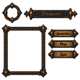 As peças que a plataforma desenhou a partir dele, em ferro forjado e bronze com caveiras: um anel de retrato, uma barra de título escrita Grimoire, uma moldura de janela com o interior transparente e três botões escritos Inventory, Map e Quit