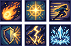 Seis ícones de habilidade em pixel art sobre emblemas quadrados: uma bola de fogo, uma luz de cura, uma investida, um bloqueio de escudo, um raio e uma explosão de gelo