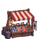 Uma barraca de feira em pixel art com toldo vermelho e branco, vendendo peixe