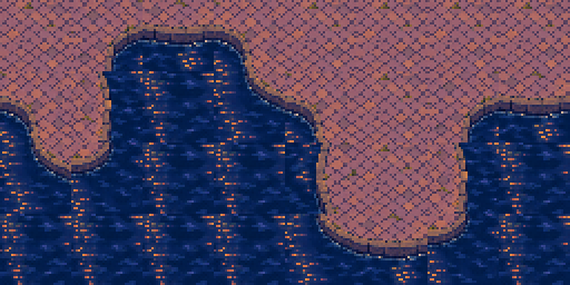 Um mapa em pixel art onde um cais de pedras encontra a água do porto por uma borda baixa de pedra