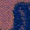 Um cais de pedras em pixel art encontrando a água do porto por uma borda baixa de pedra