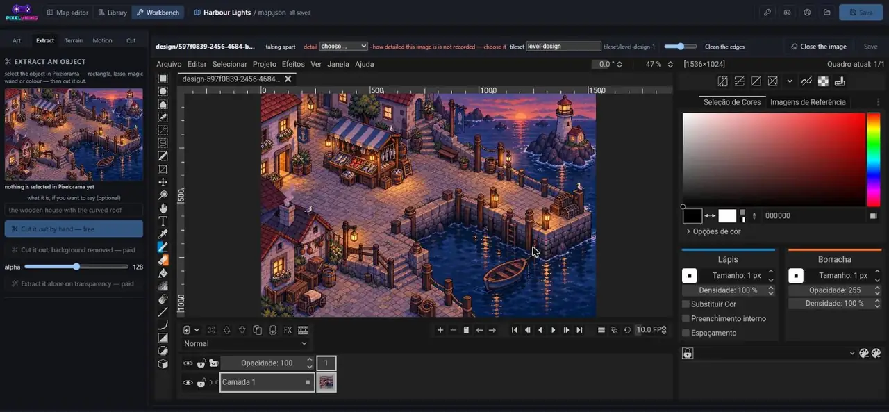 O Editor da PixelVibing trabalhando em um jogo portuário: uma fase gerada na Biblioteca, uma barraca tirada dela na Bancada e um conjunto de terreno feito a partir dos chãos dela