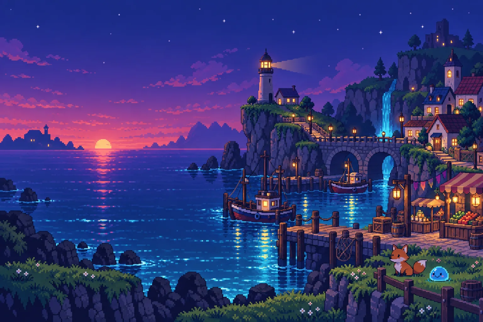 Uma cidade portuária em pixel art ao entardecer: um farol no penhasco, barcos de pesca, barracas de feira iluminadas por lanternas, uma raposa e um slime no caminho