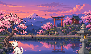 Uma paisagem japonesa em pixel art ao entardecer: o Monte Fuji, um torii e um santuário sobre um lago; uma sakura solta as pétalas, uma carpa salta, um grou passa voando e um gato se senta junto a uma lanterna de pedra acesa