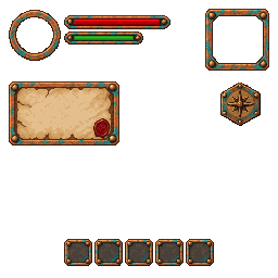 A sketch of a game HUD: a portrait ring, two bars, a minimap frame, a hexagon, a quest panel and five hotbar slots