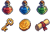 Six pixel art item icons: red, blue and green potions, a golden key, a gold coin and a sealed scroll