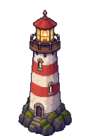 A pixel art red and white lighthouse on a mossy rock, a 2×3-tile object